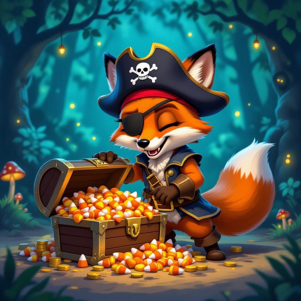 Mischievous Pirate Fox Rummages Through Candy Treasure