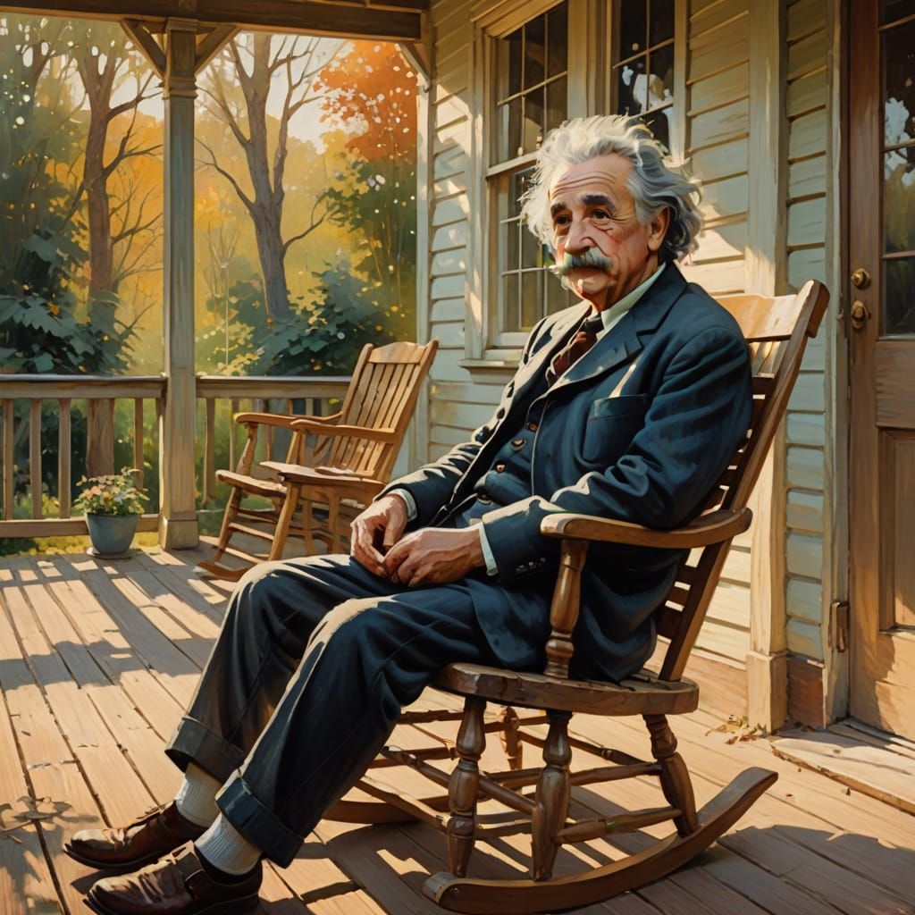 Einstein on Porch in Impressionistic Oil Painting