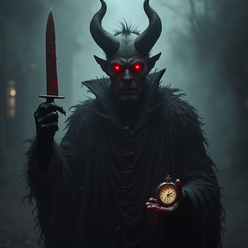 Cursed Half-Devil Figure with Bloody Knife and Clock