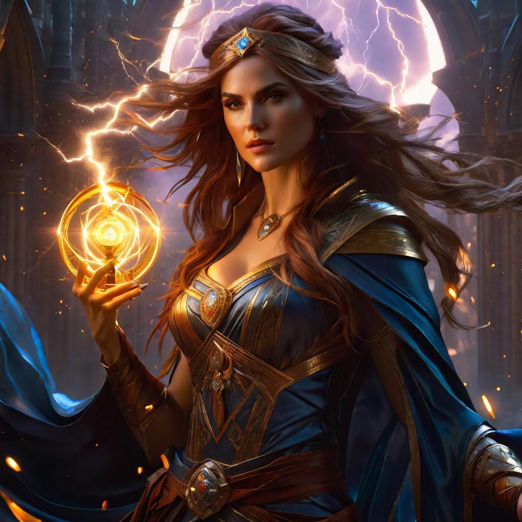 Mysterious Sorceress Casting Lightning Magic in Watercolor S...