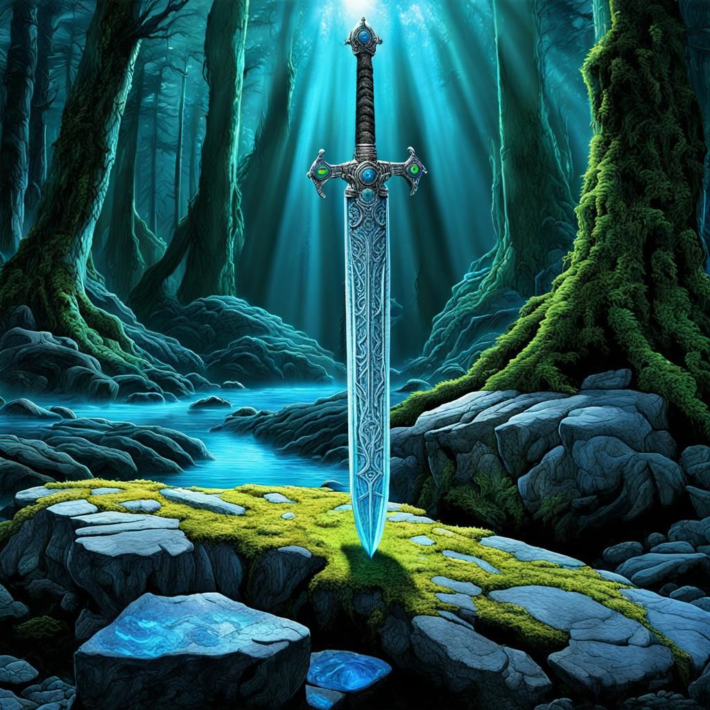 Fantasy Sword in Stone with Green Aura Energy
