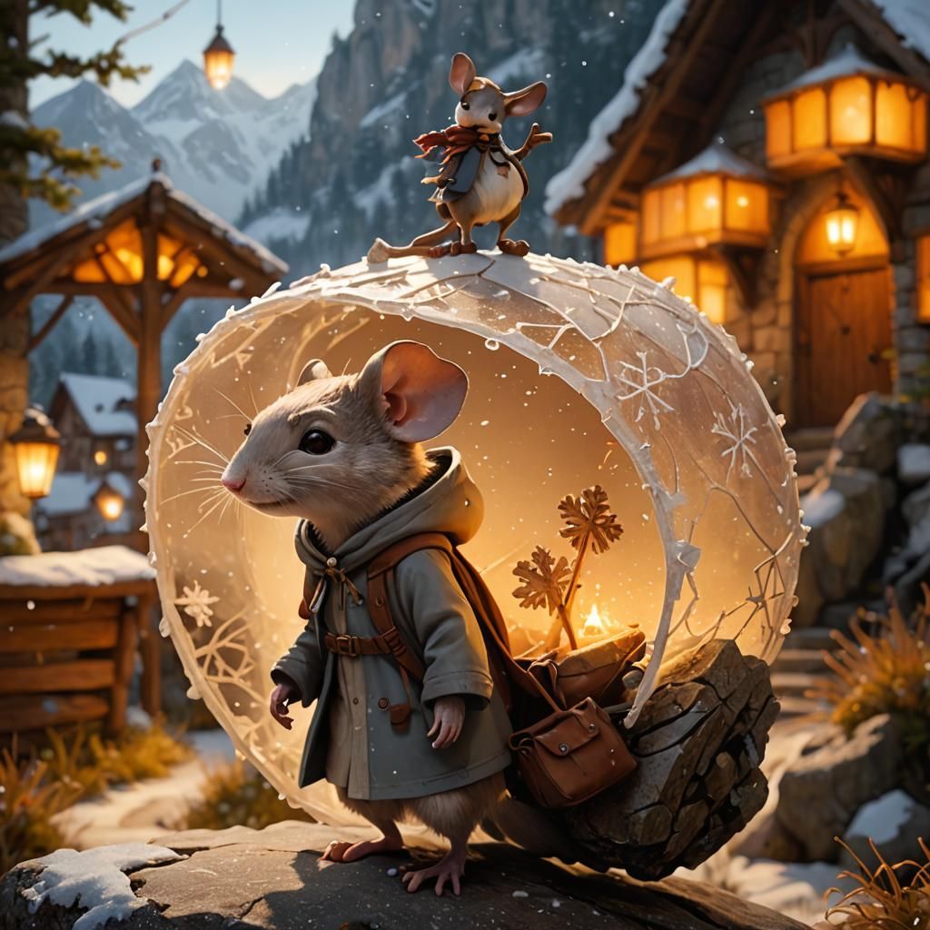 Anthropomorphic Mouse in Snowy Mountain Landscape