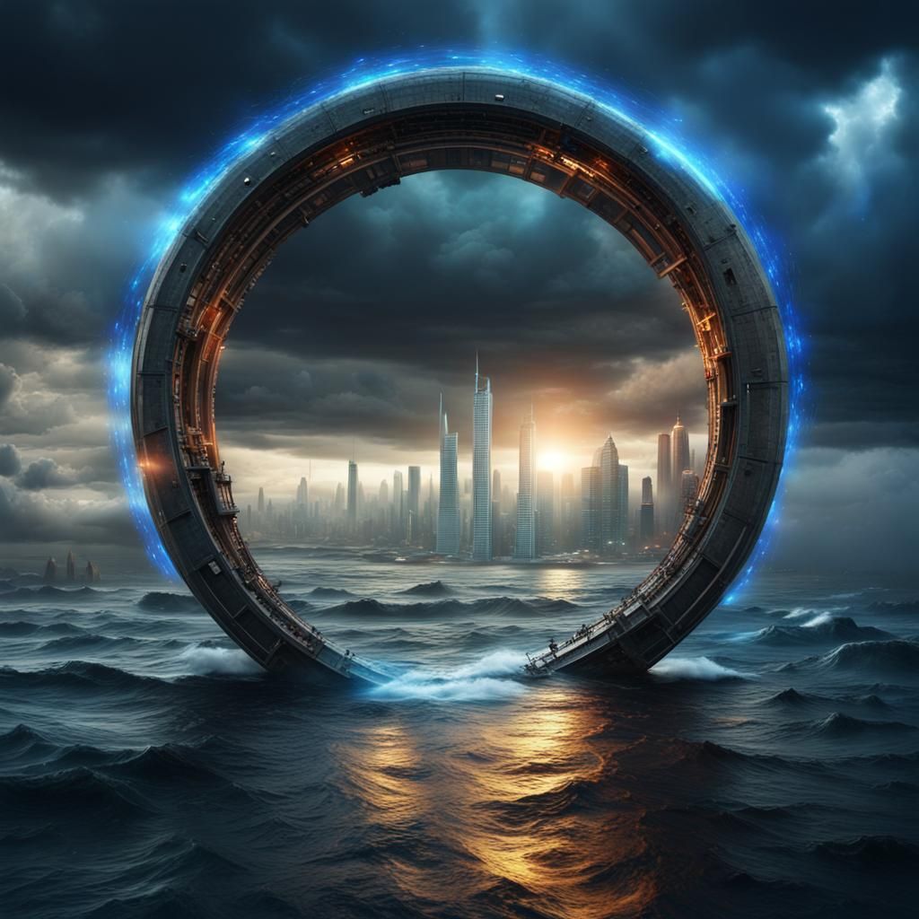 Futuristic City Through Neon Ring Portal