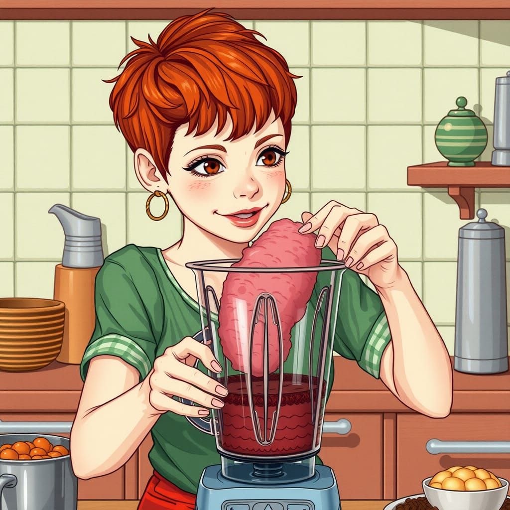 Redhead Woman Blending Steak, Detailed Cartoon Art