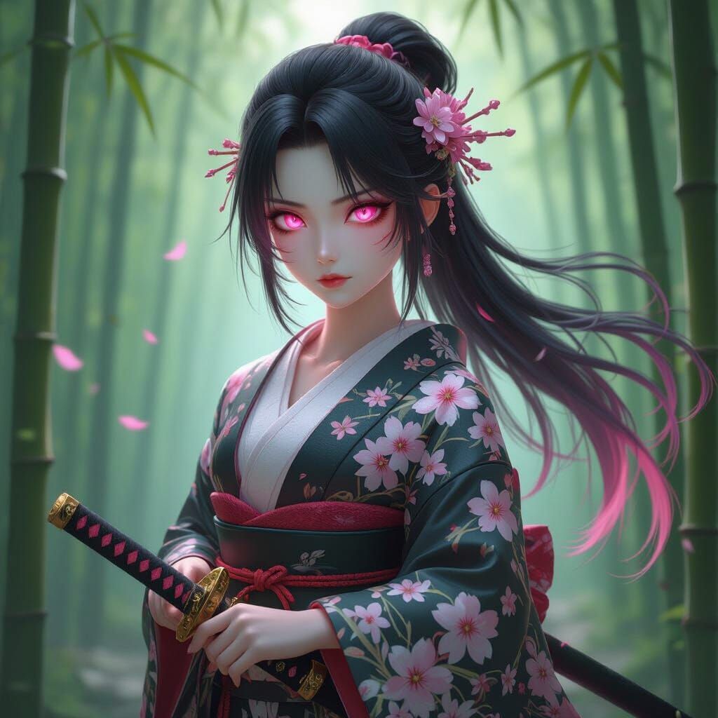 Demoness Warrior in Bamboo Forest: WLOP Style Anime Art