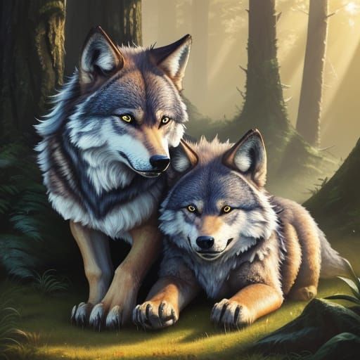 Cute Wolves Playing in Lush Forest: Digital Art