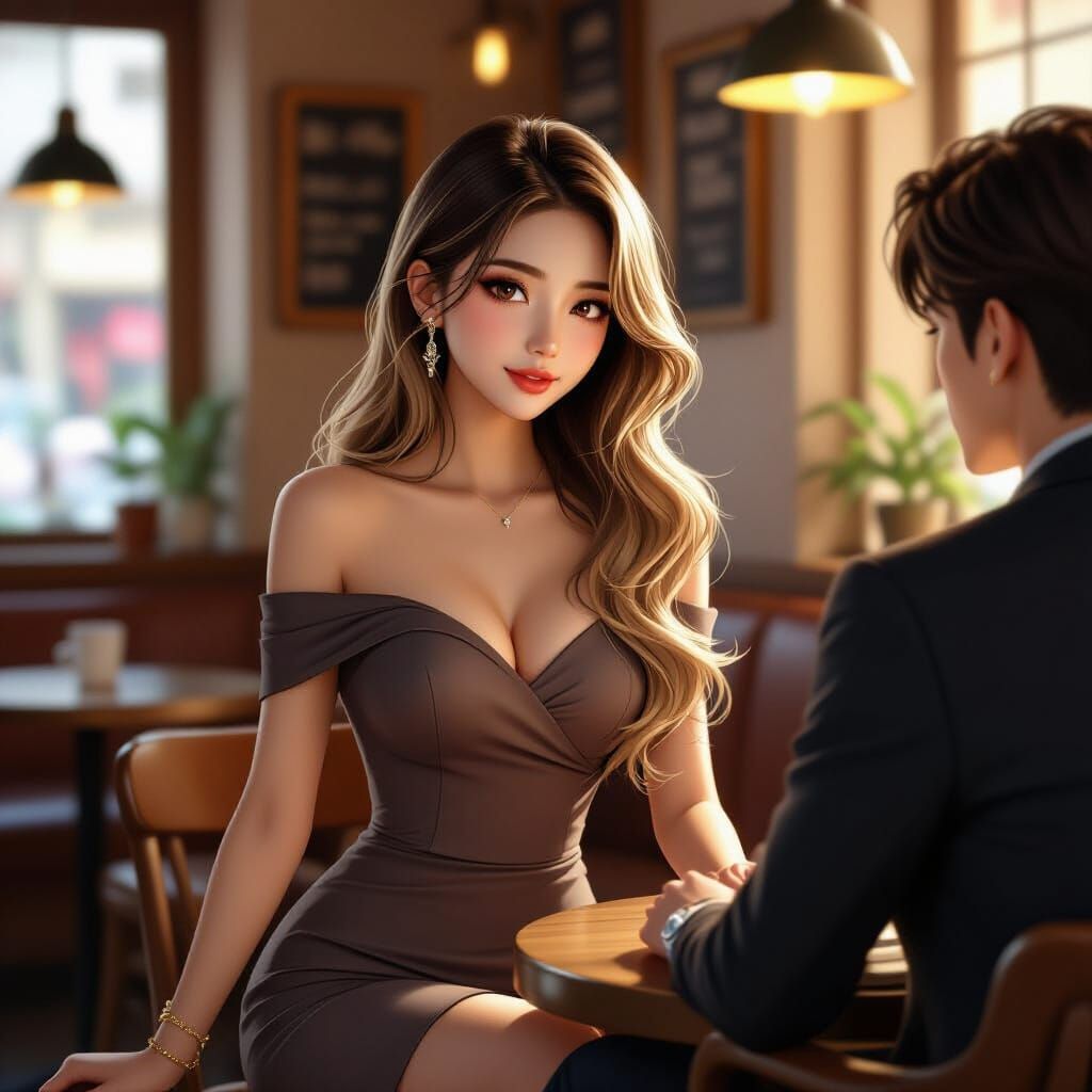 Stunning Anime Woman in Coffee Shop, 3D Render