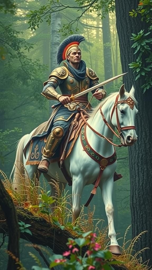 Elegant Warrior on Horseback in Enchanted Forest with Vibran...