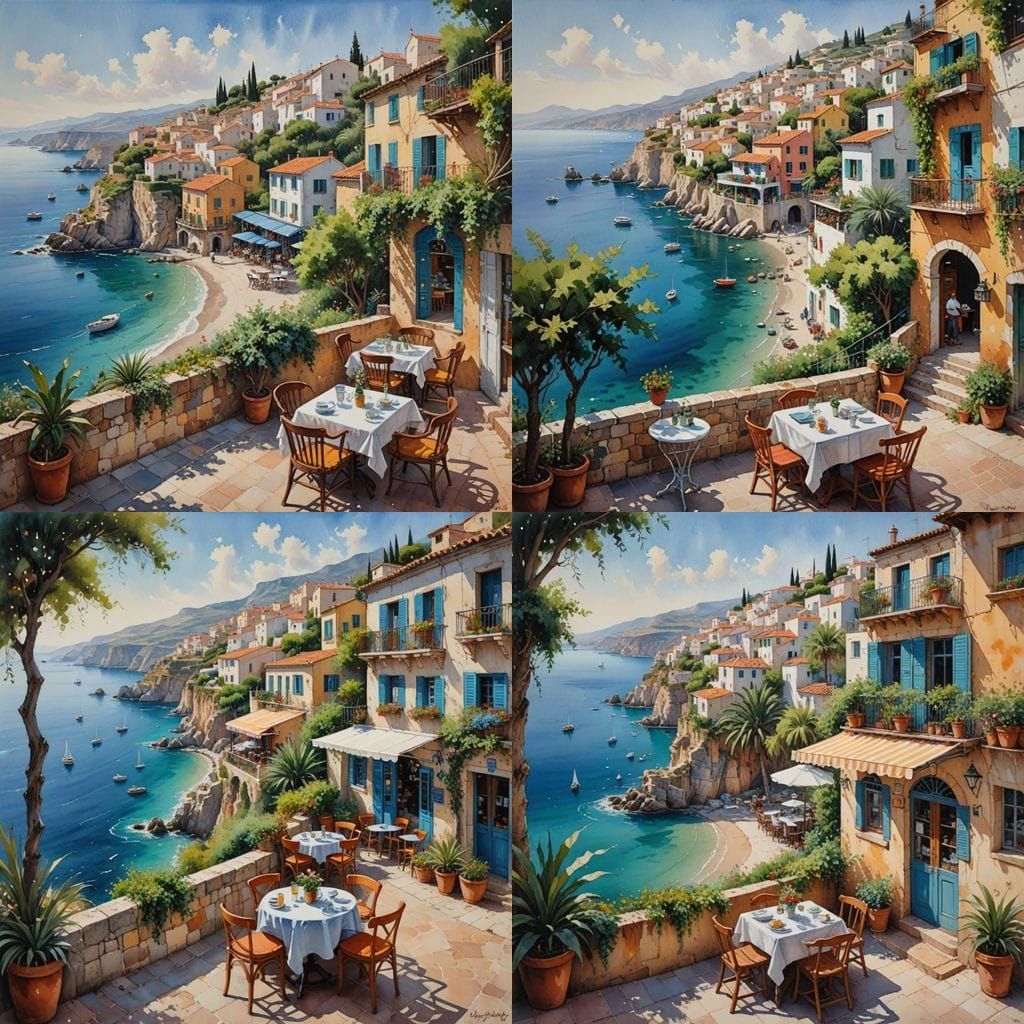 Idyllic Mediterranean Cafe Scene in Whimsical Watercolors