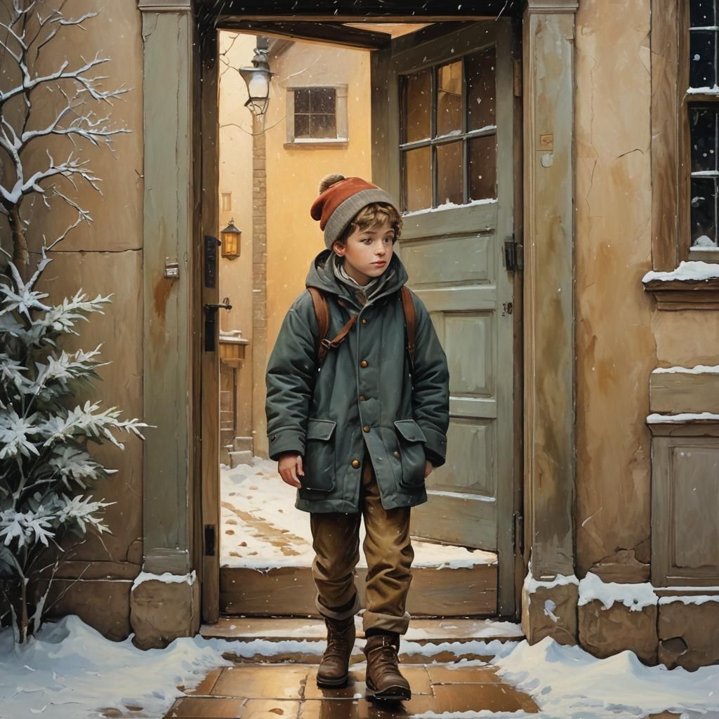 Boy's Winter Walk to School in Golden Light