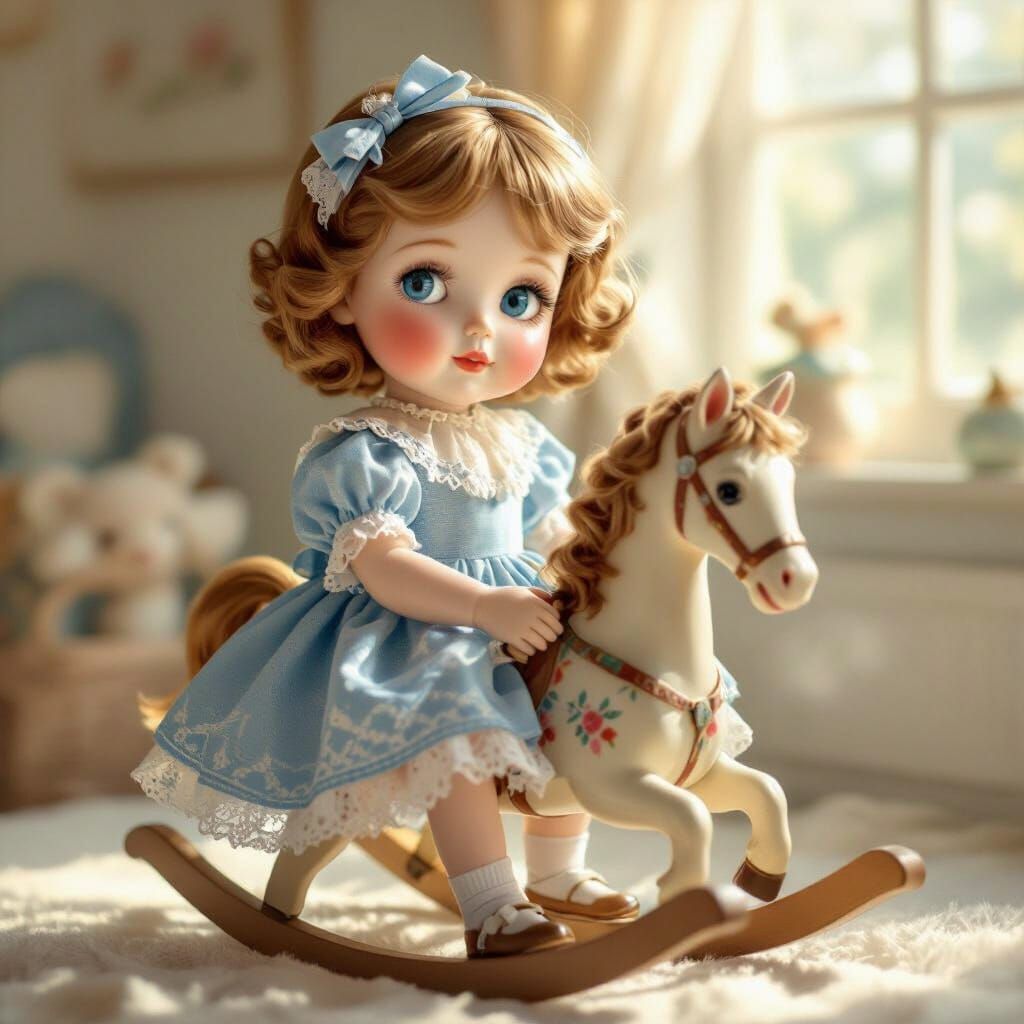 Charming Porcelain Doll on Rocking Horse in Nursery