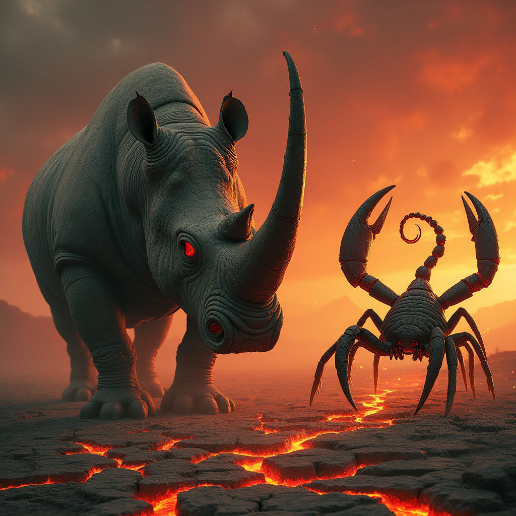 Colossal Rhino Confronts Armored Scorpion in Wasteland