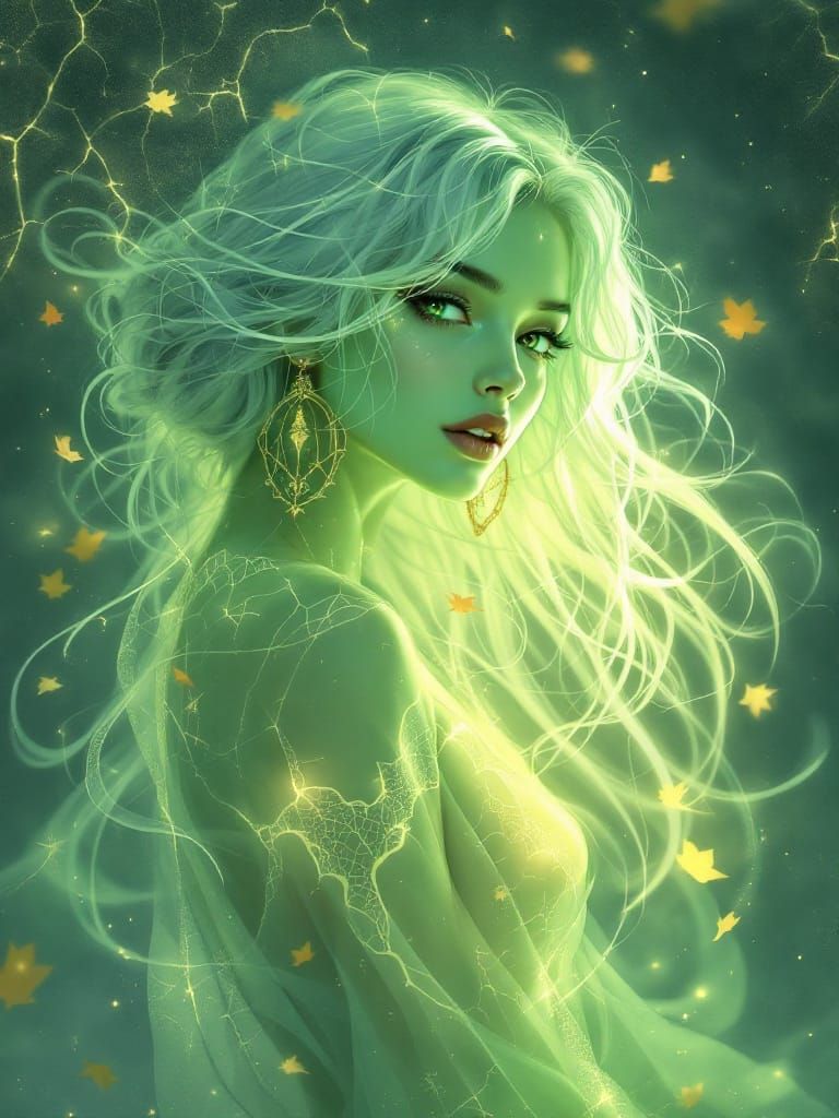 Ethereal Woman in Emerald Mist, Surreal Autumn Fantasy