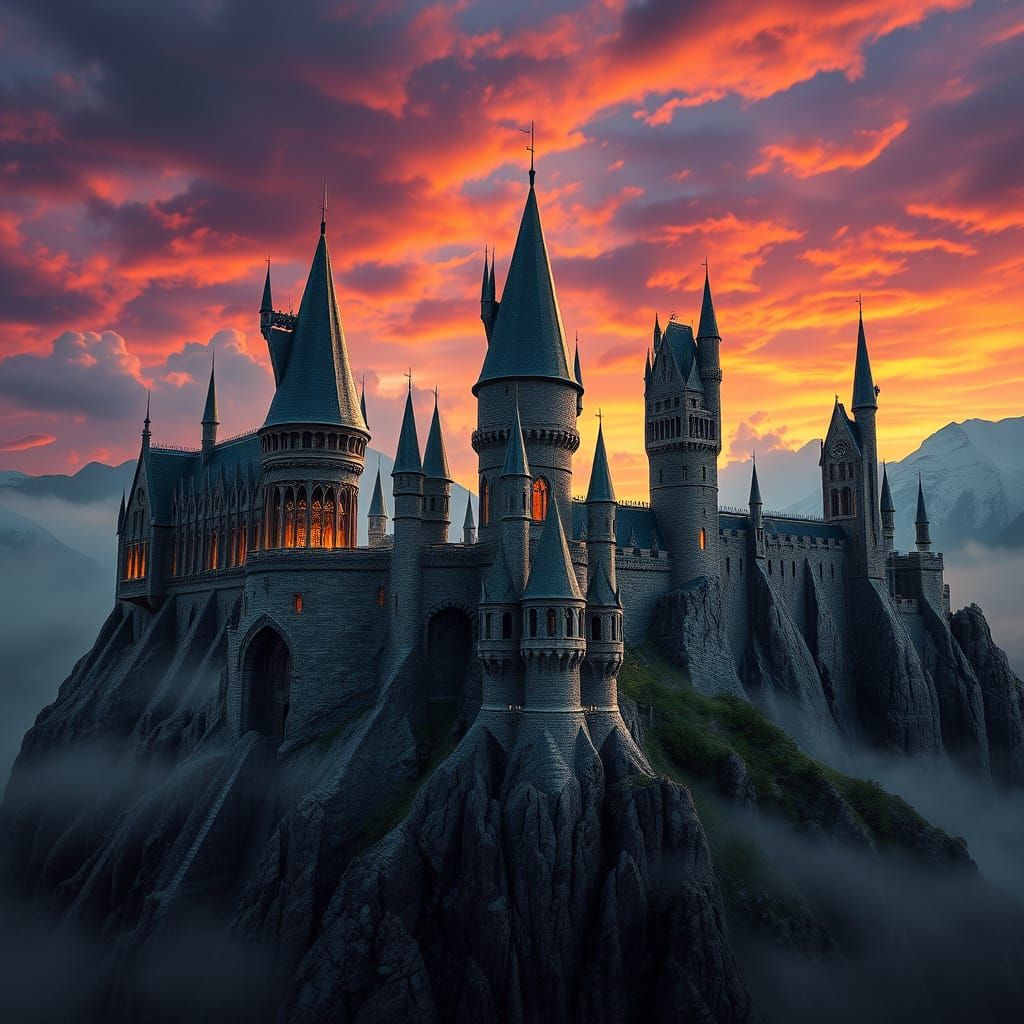 Majestic Hogwarts Castle Amidst a Stormy, Crimson Sky