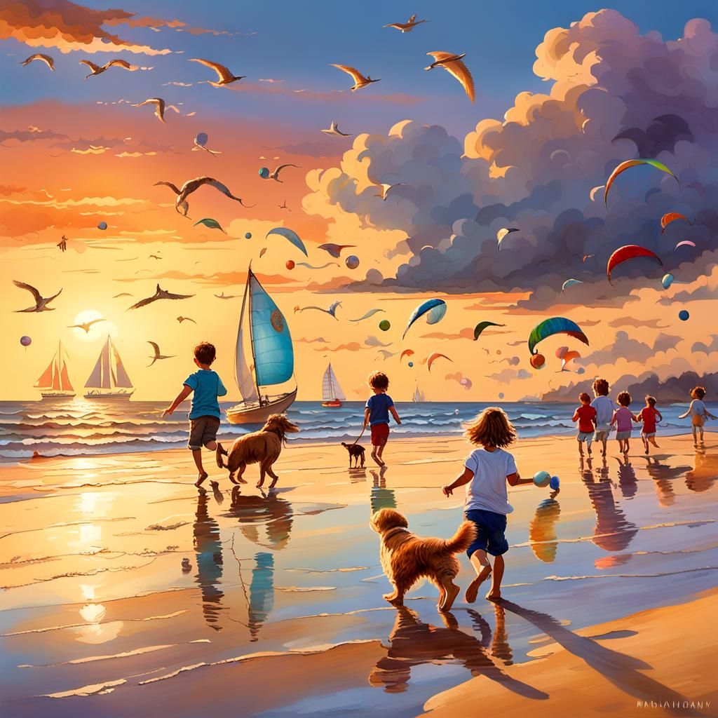 World Pets Day at Dusk: A Hyperrealistic Beach Scene