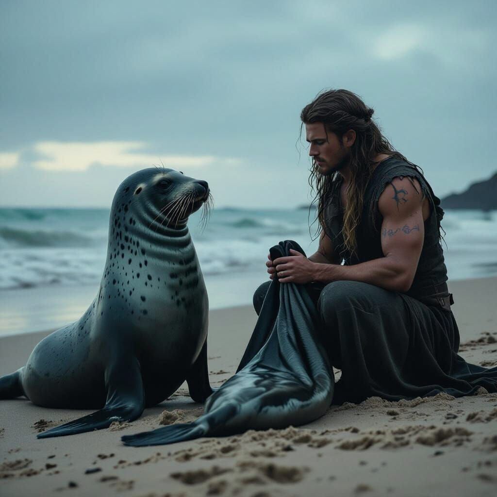 Selkies on a Beach in Cinematic Style