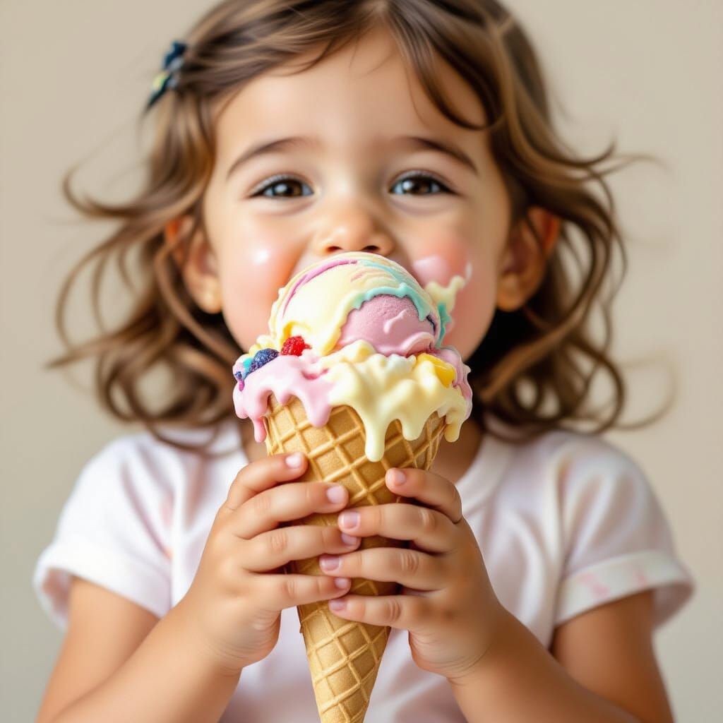 Girl with Melting Multi-Flavored Ice Cream Cone