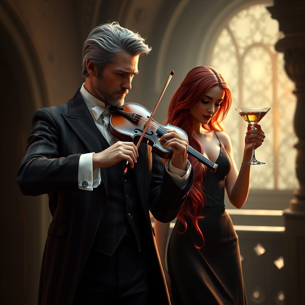 Elegant Gentleman Plays Violin with Enchanting Lady