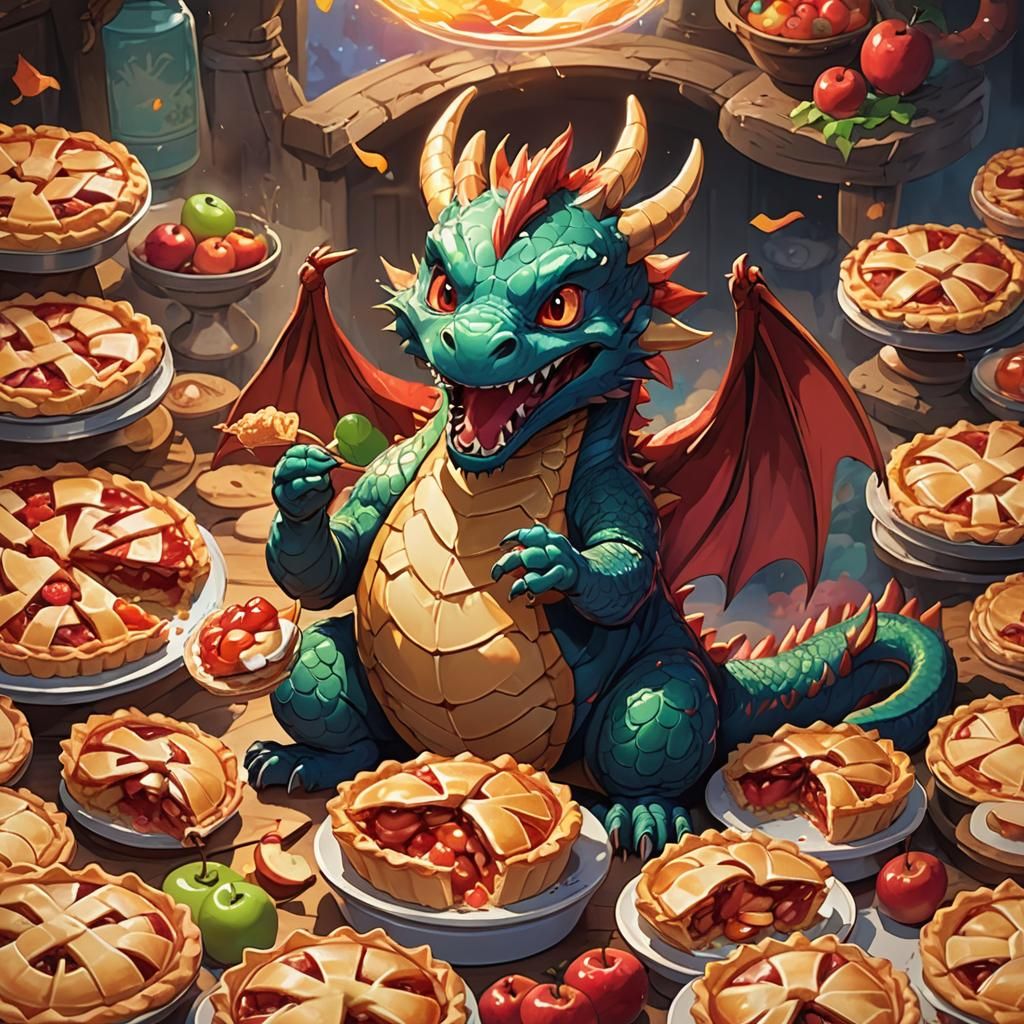 Cute Dragon Eating Apple Pie in Anime Style