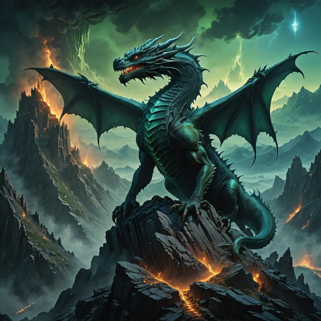 Eerie Dragon on Craggy Peak: Dark Fantasy Art