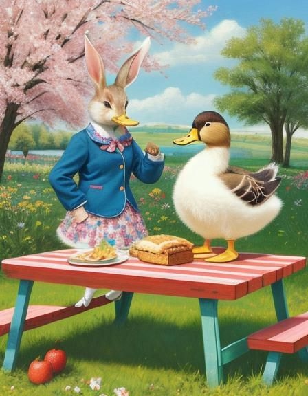 Rabbit and Duck Picnic in Pop Art Style