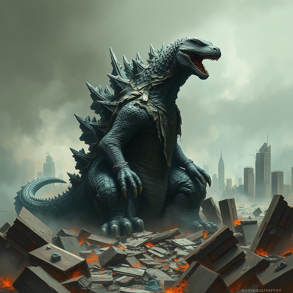 Godzilla in a State of Despair Amidst the Ruins of a Once-Gr...