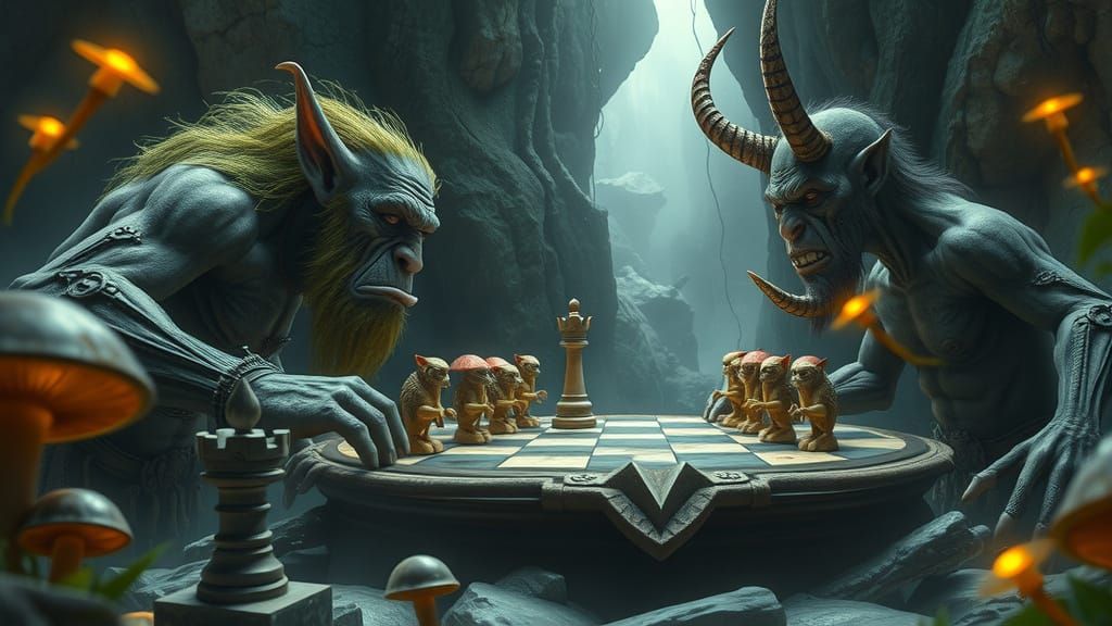 Trolls Play Chess in Misty Cavern: Fantasy Art
