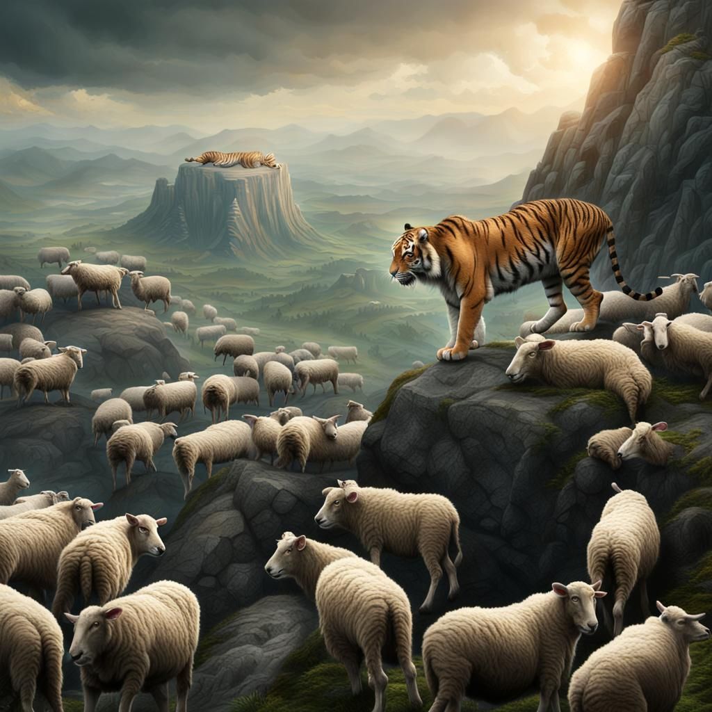 Tiger Overlooking Sheep: Epic Digital Matte Painting