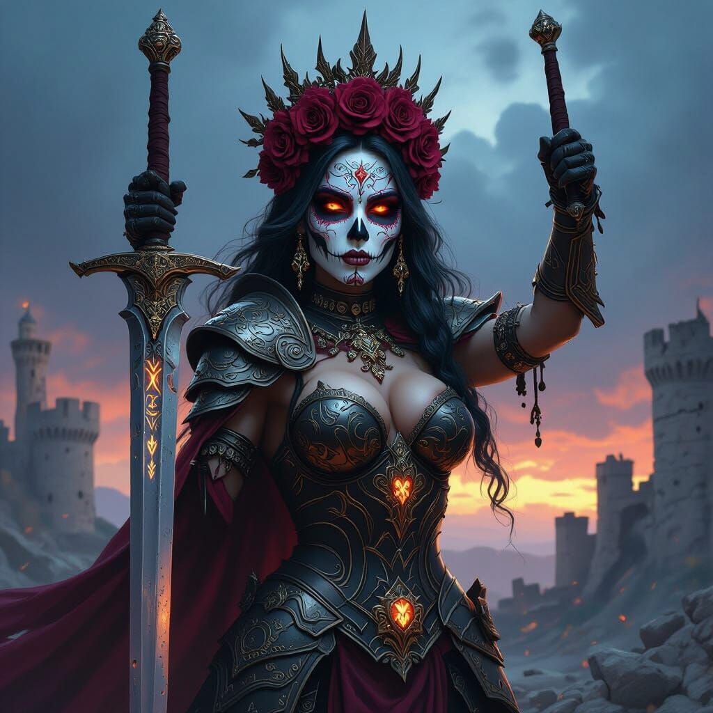 Warrior Queen Defies Storm Before Fortress in Dramatic Style