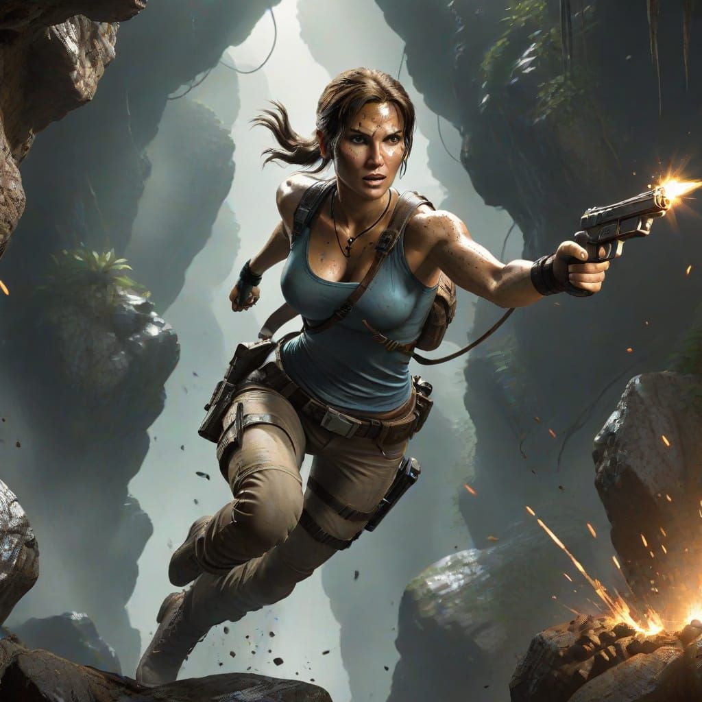 Lara Croft's Dramatic Leap: A Cinematic Action Scene