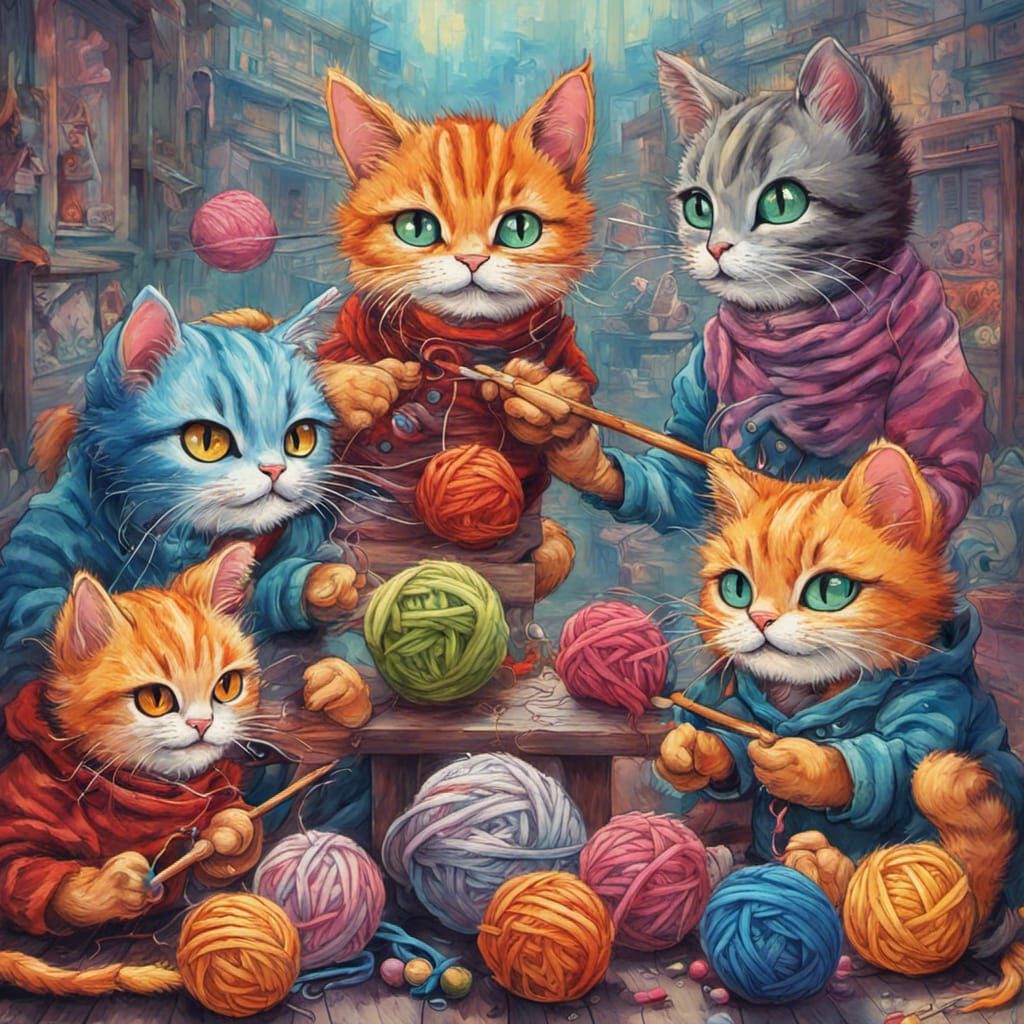 Anime Cats Play with Yarn in Louis Wain Style