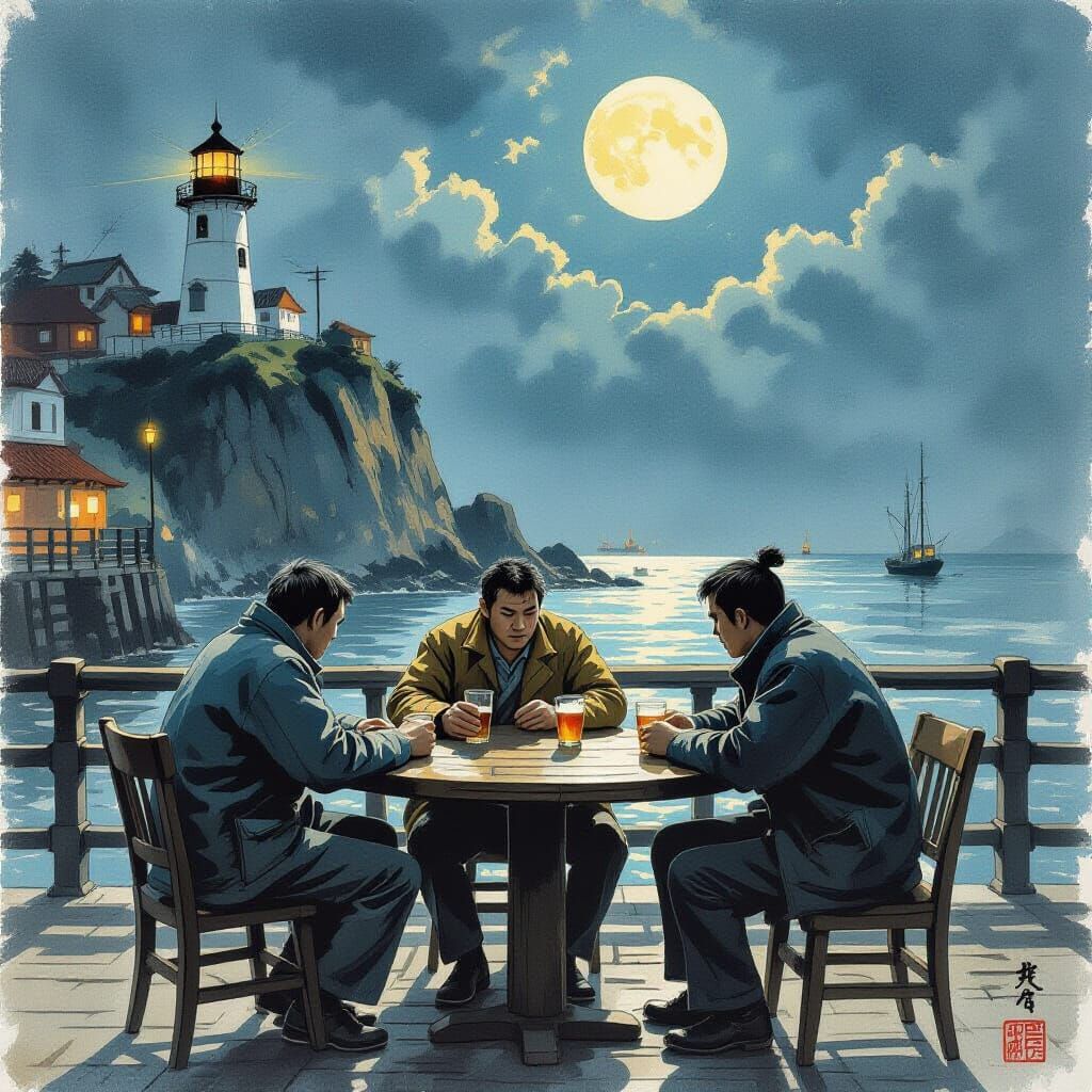 Fishermen's Lonely Harbour Revelry in Ukiyo-e Style