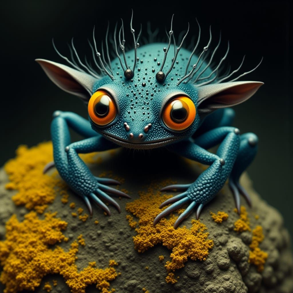 Bizarre Blue Creature with Large Amber Eyes on Rocky Surface