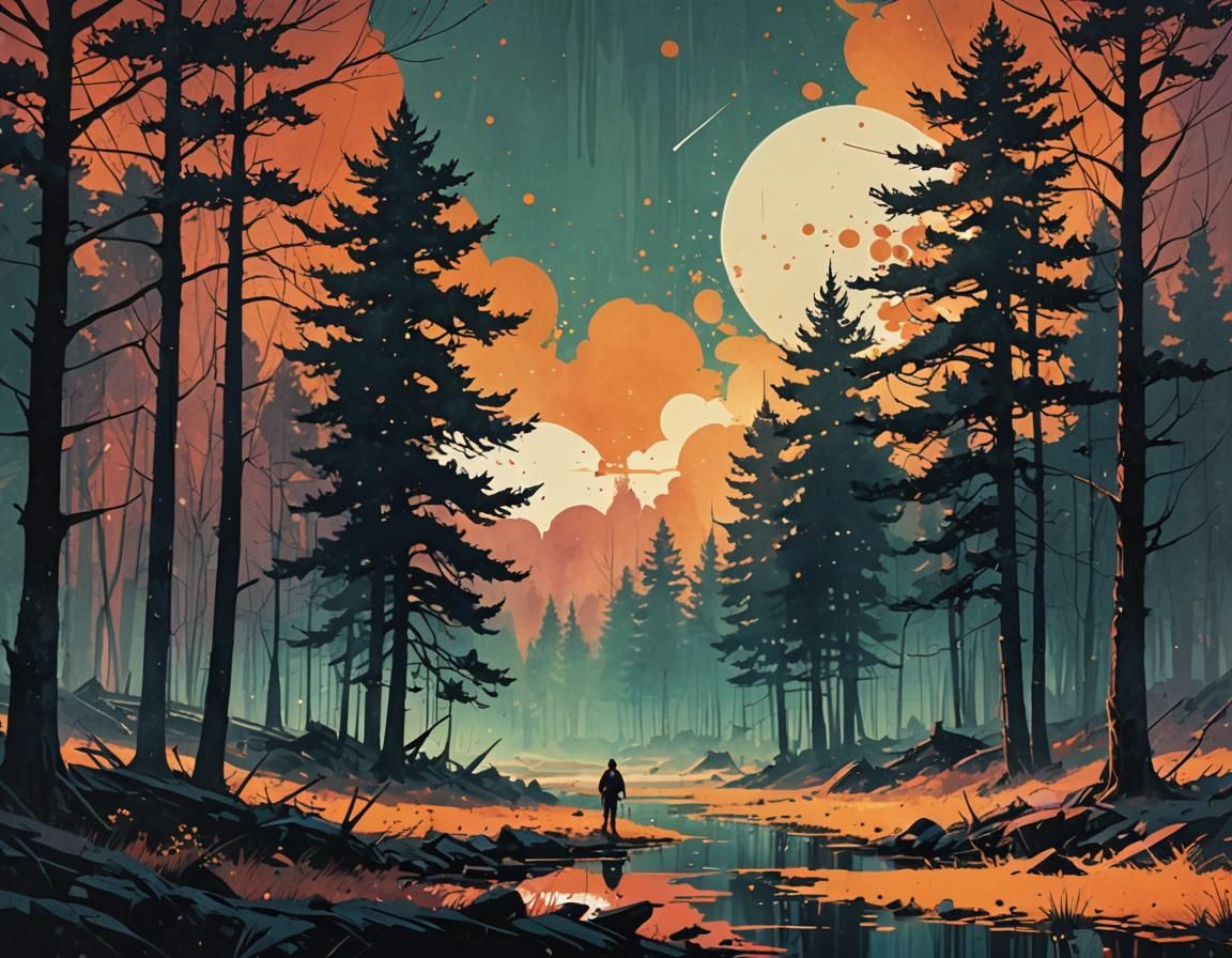 Ominous Clearing in Ink Splatter Art Style