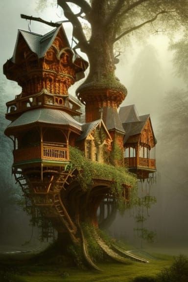 Hyperrealistic Treehouse Castle in Russian Garden