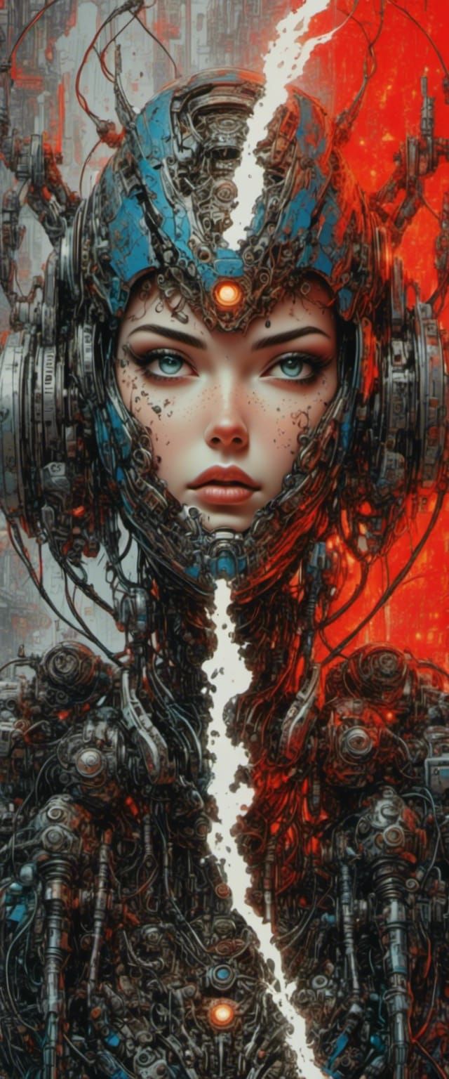 <lora:Graphic Meld:1.0> <lora:anime girls:1.0> <lora:FuturePunk:1.0> <lora:SuperHyperrealism:1.0> Mecha Magazine Cover :...