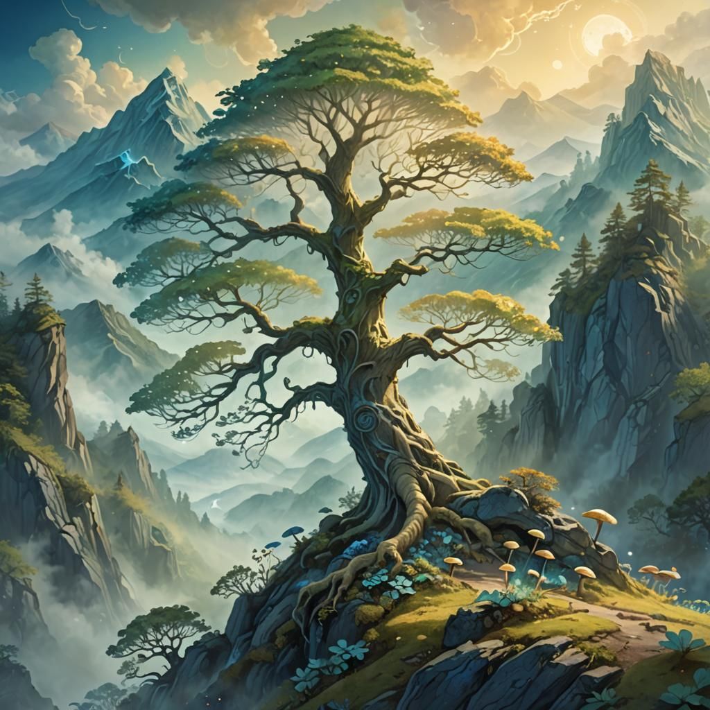 Glowing Tree on Misty Peak: Fantasy Illustration