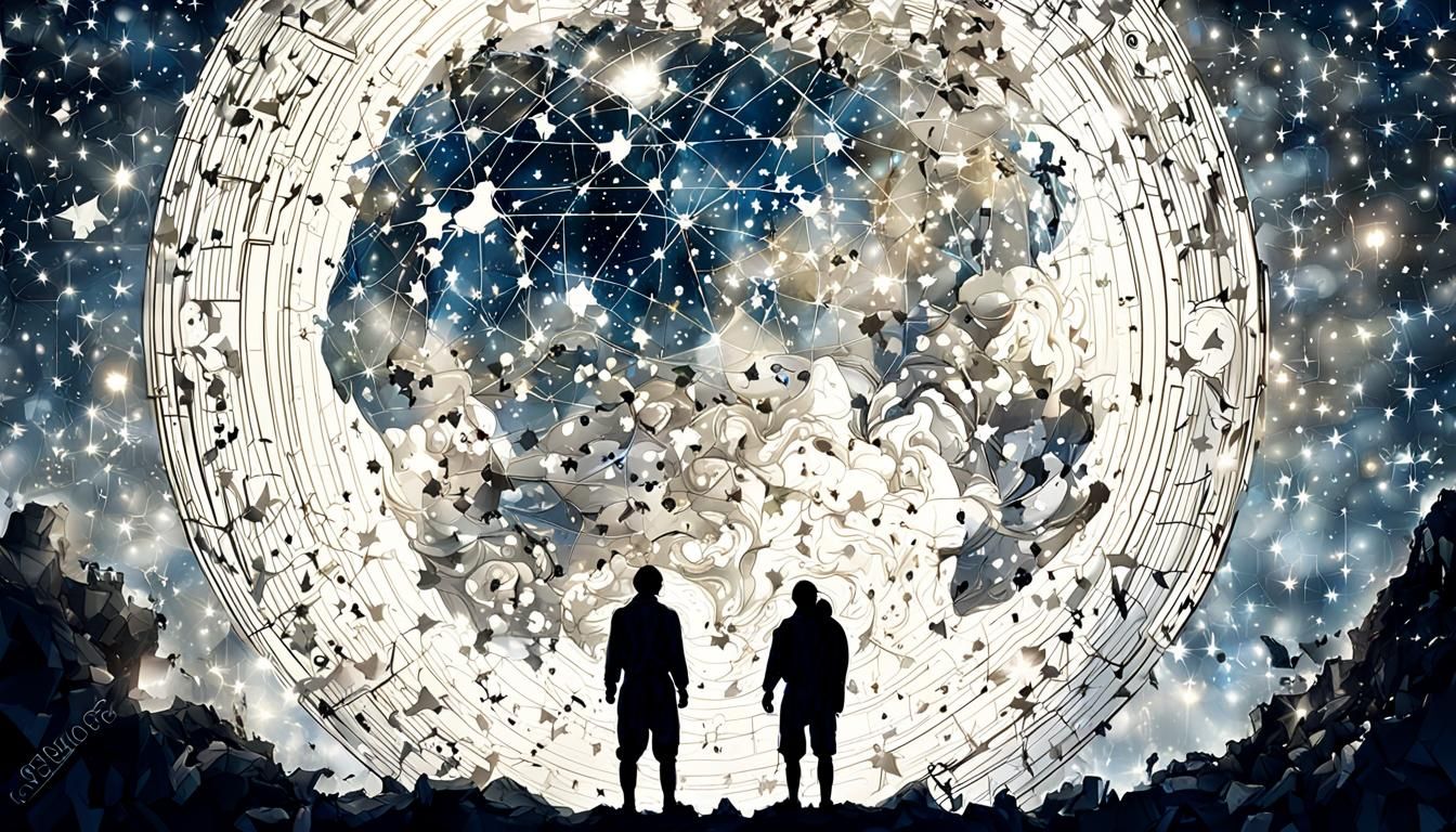 Atlas Silhouette with Constellations in Double Exposure