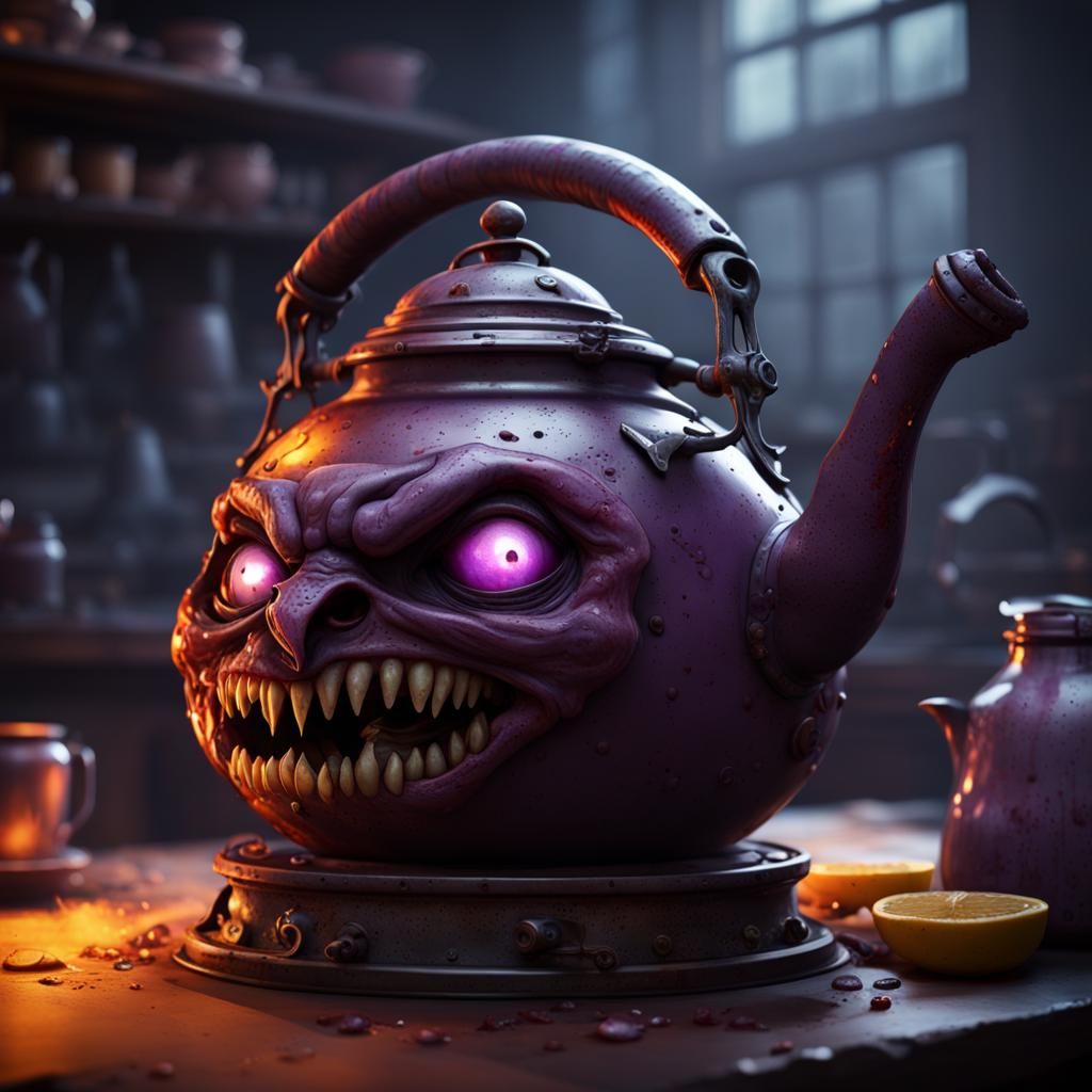 Menacing Kettle with Teeth in Dark Kitchen, Fantasy Art