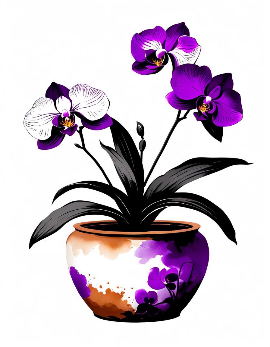 Orchid in Terracotta Pot, Chinese Ink Painting