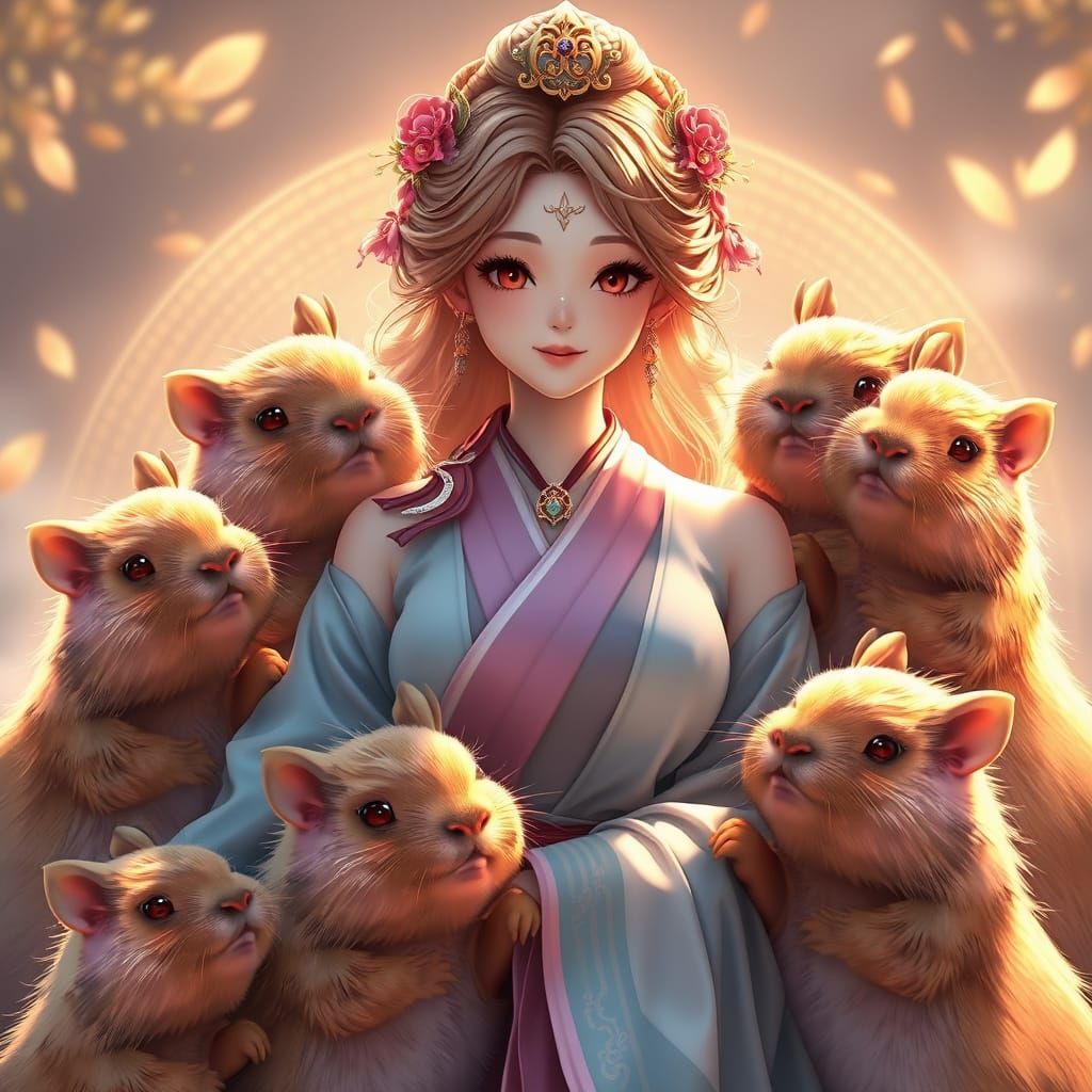 Goddess of Adorable Capybaras in Vibrant 3D Anime Art