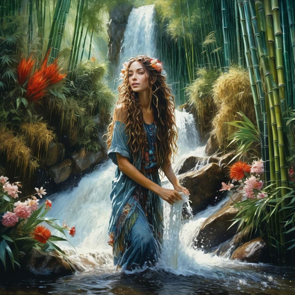 Happy Woman Splashing by Waterfall in Anime Style