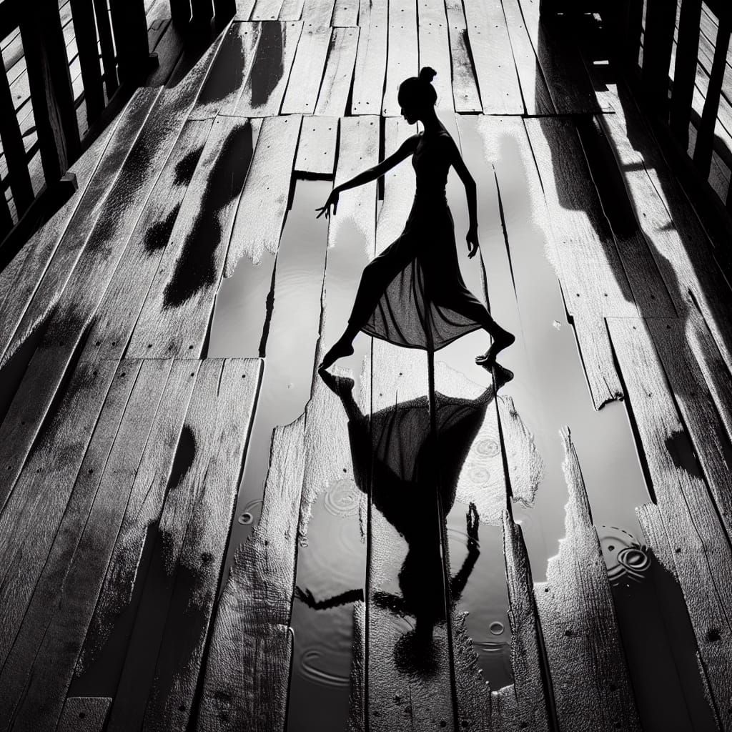 Dancer's Monochromatic Reflection in Rainy Barn