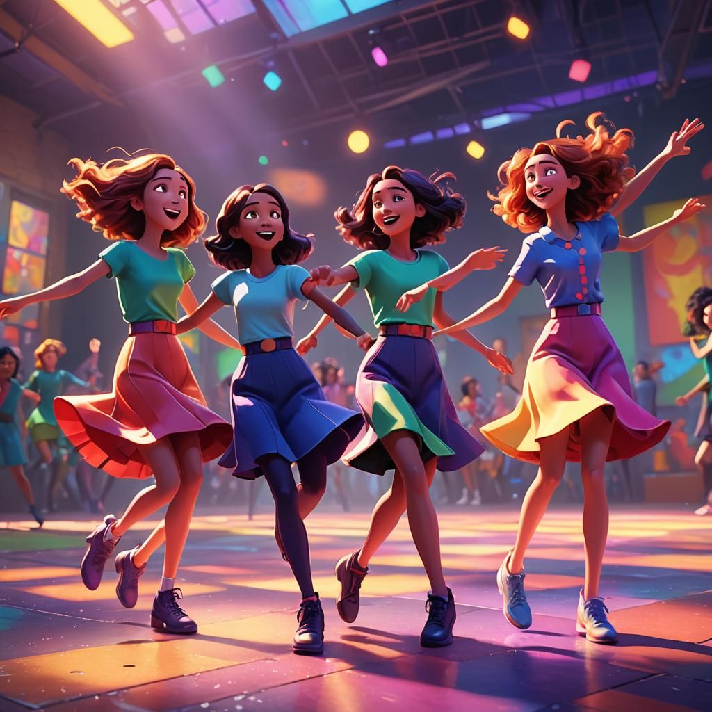 Four Girls Dancing in Vibrant 3D Animation