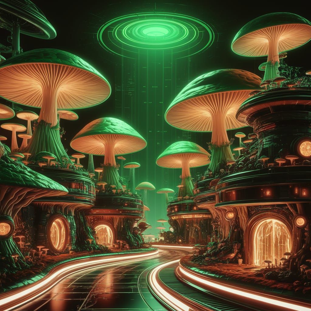 Cyberpunk Mushroom City: Illuminated Futuristic Landscape
