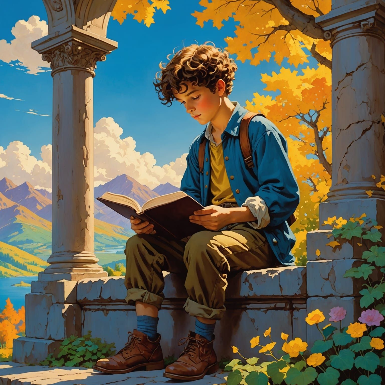 Boy Reading Book in Anime Maxfield Parrish Style