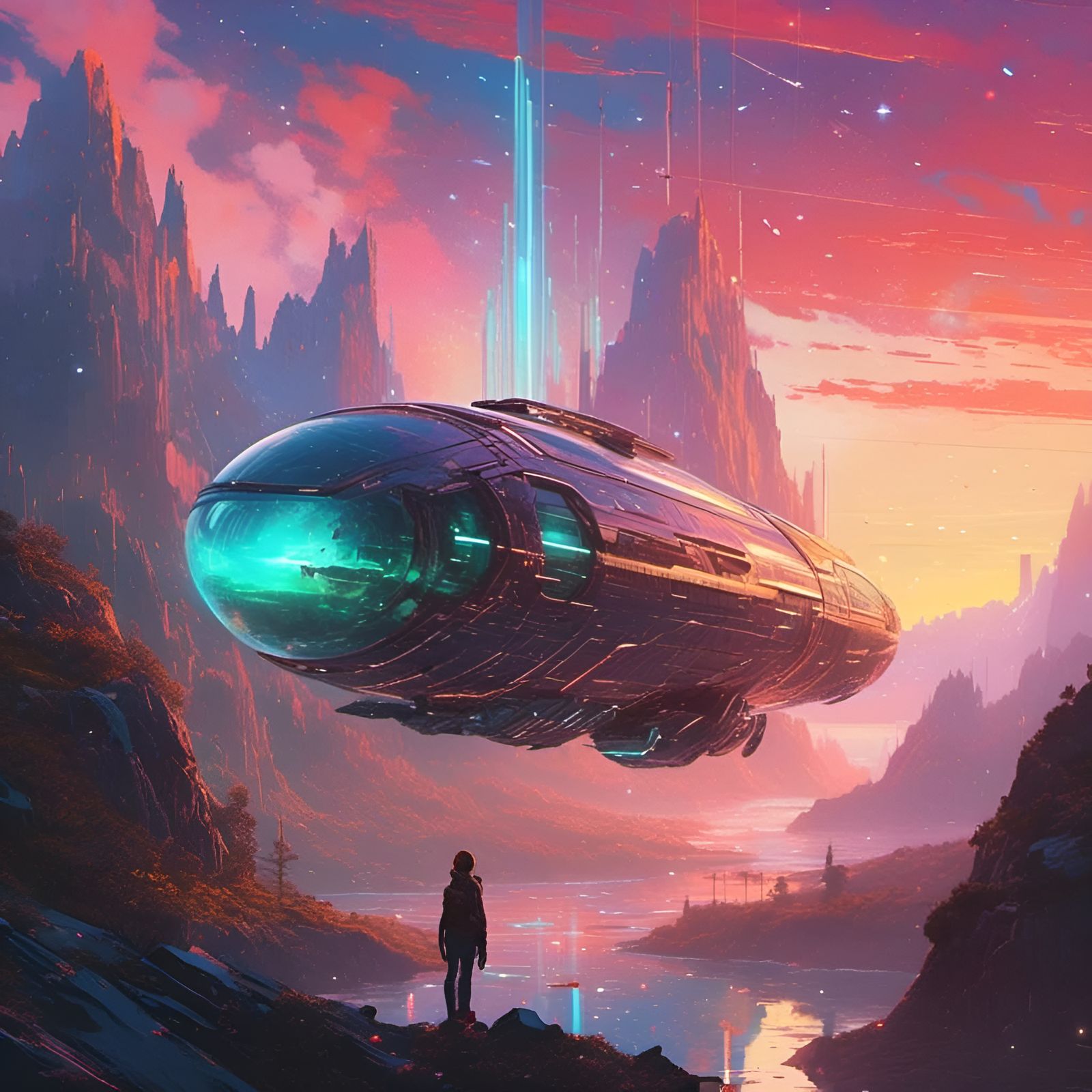 Bioluminescent Spaceship in Retro Cyberpunk Style