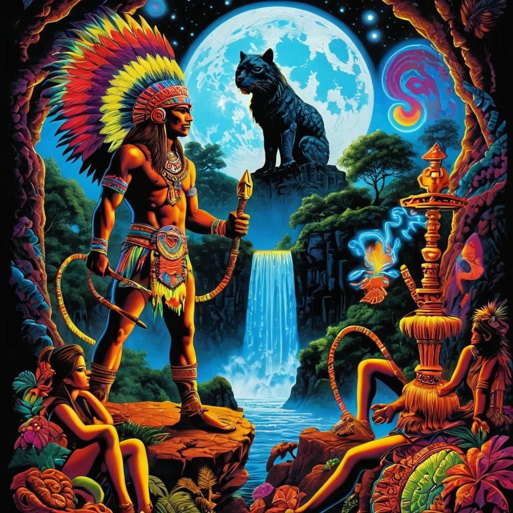 Psychedelic Aztec Warrior in Day-Glo Black Velvet Poster Art