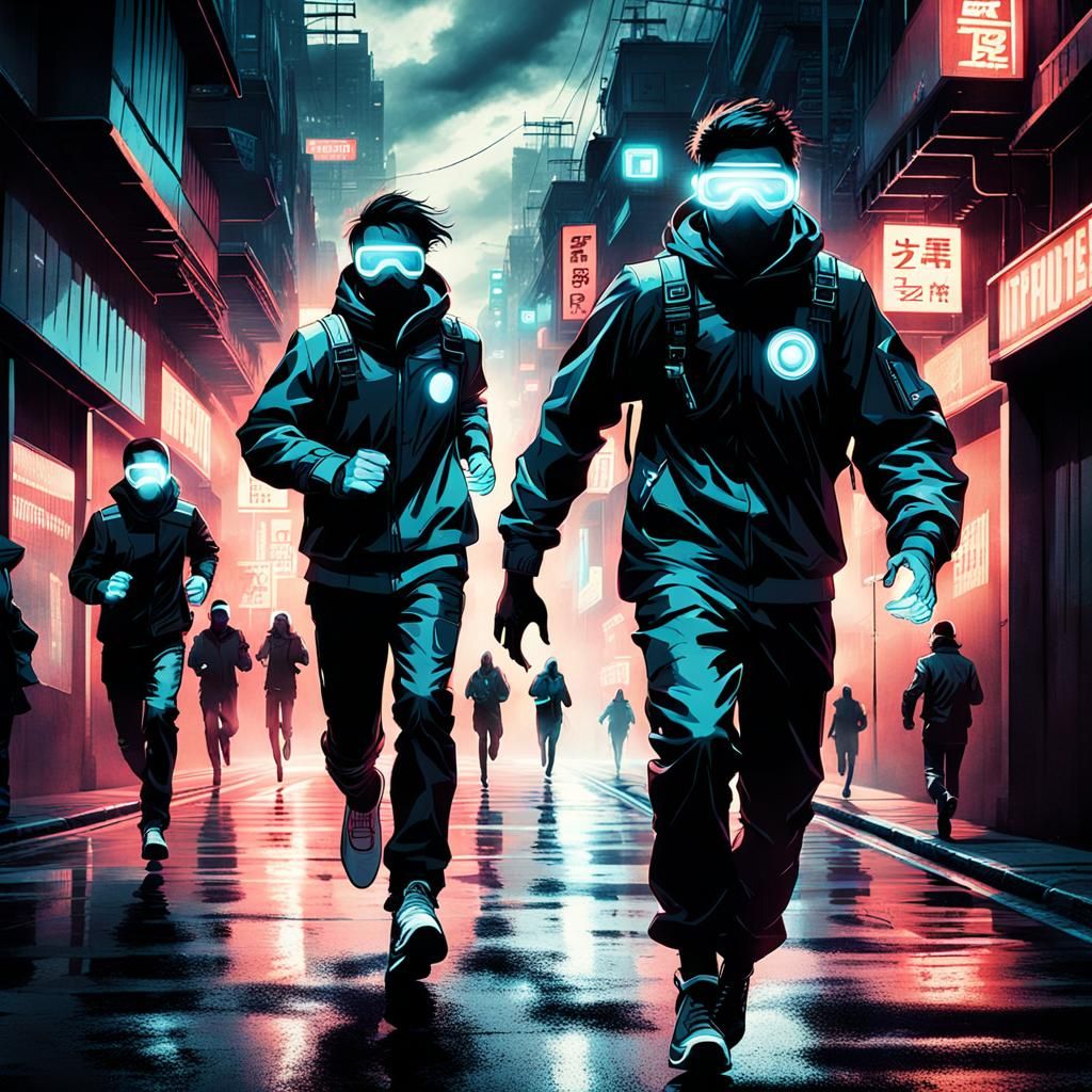 Terrified People Run Down Grungy Futuristic Street