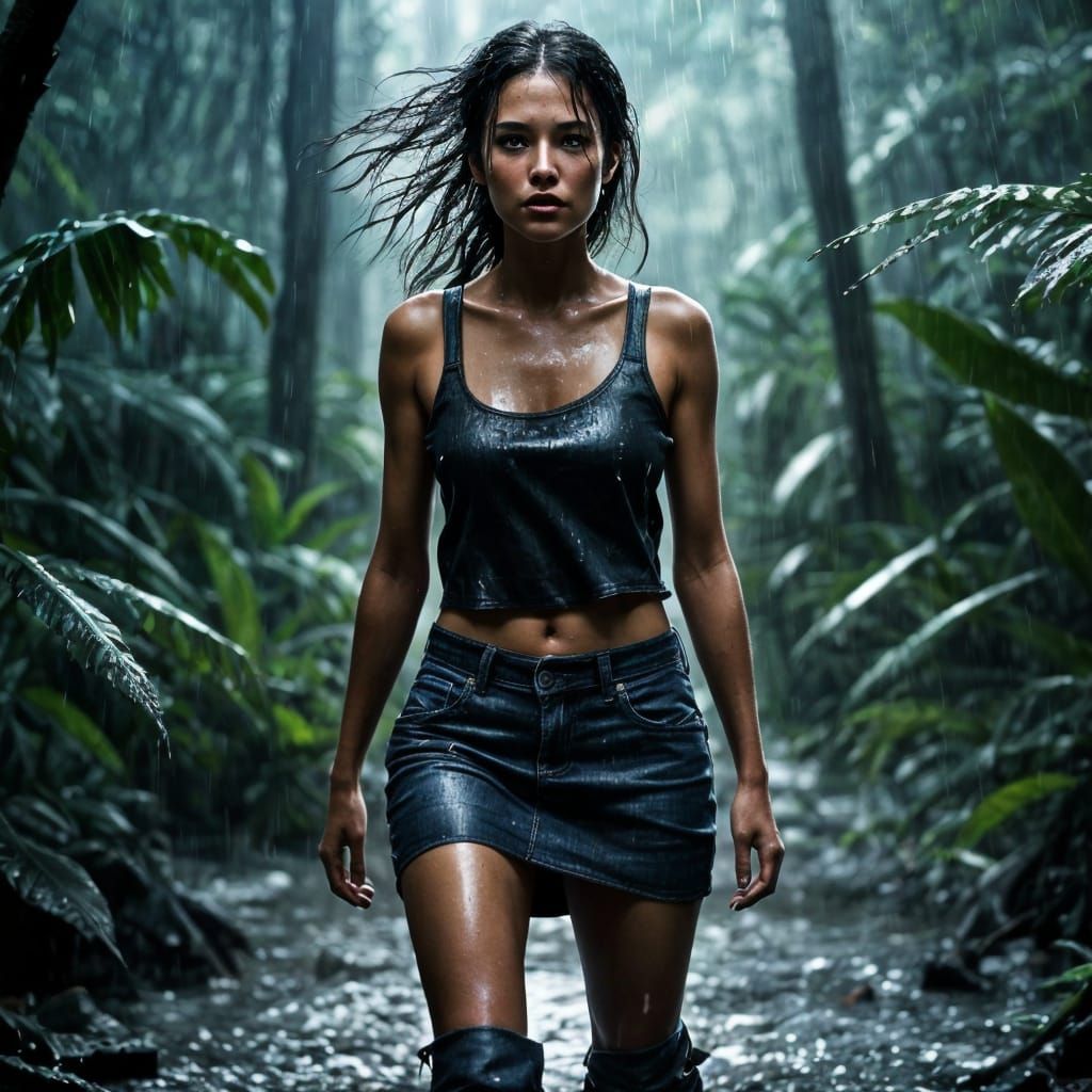 Mysterious Rainforest Goddess Under Moonlit Rain